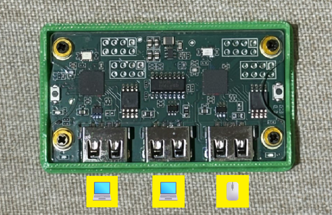 Makcu with cover removed, left and middle ports highlighted for PC connection and right port for mouse