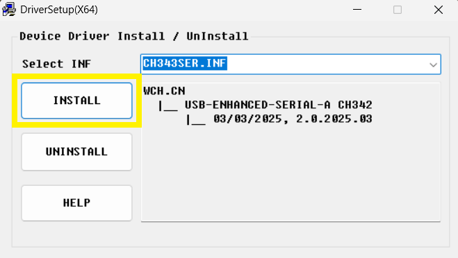 背景為CH343SER驅動界面,有(INSTALL,UNINSTALL,HELP)三個選項,INSTALL被高亮強調標記